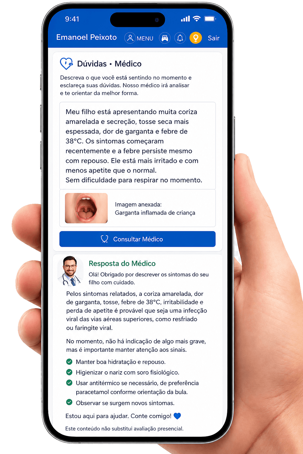 Tela do app: consulta ao agente de análises com a equipe de saúde